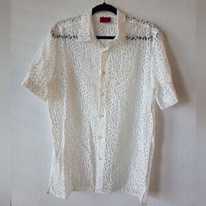 HUGO Boss White All-Over Logo Semi-Sheer Short-Sleeve Button-Down Shirt